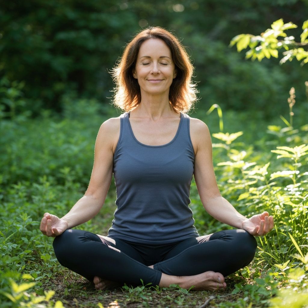 Човек в медитативна поза в спокойна естествена обстановка